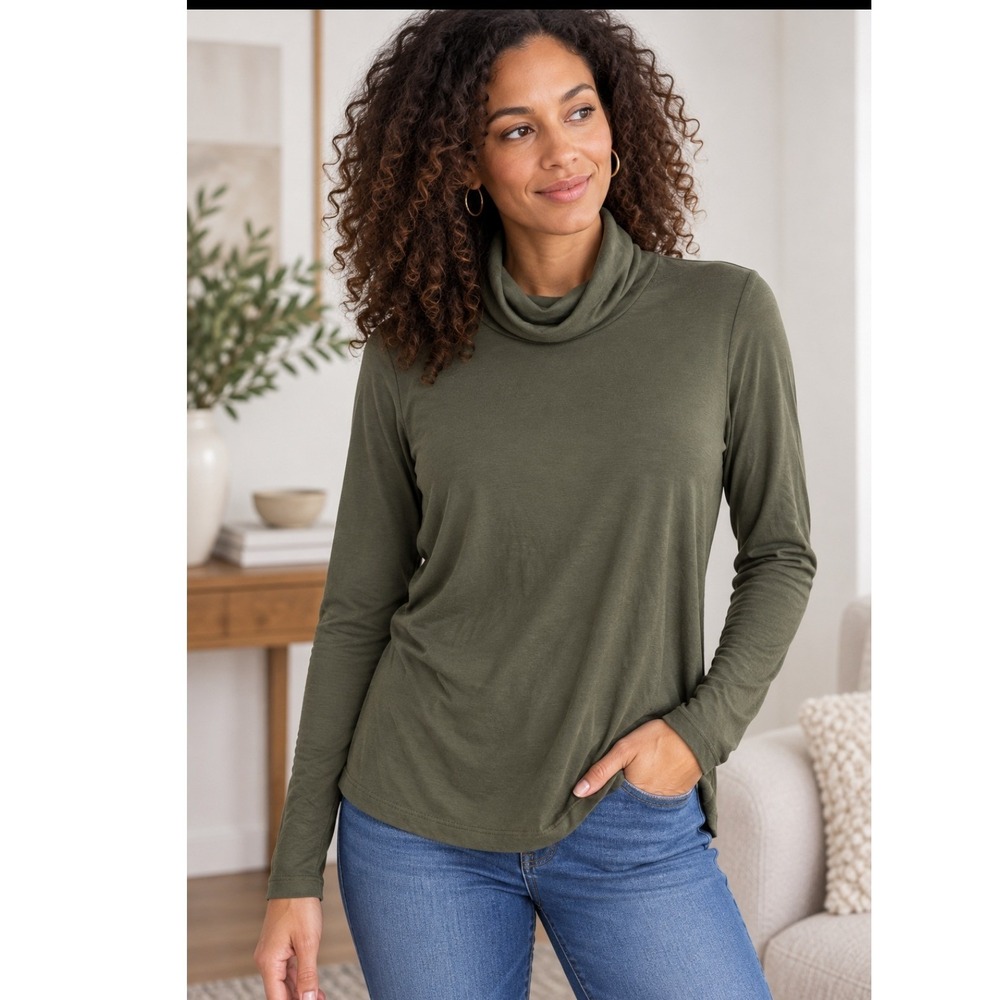 2/$30 Tahari NWT L Olive Green Modal Cowl Neck Long Sleeve Top Mock Turtleneck